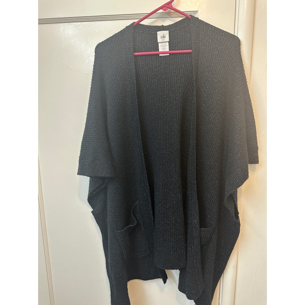 Cabi Shimmer Poncho Cardigan Black Metallic Silver Knit Wrap 4064 Womens M/L